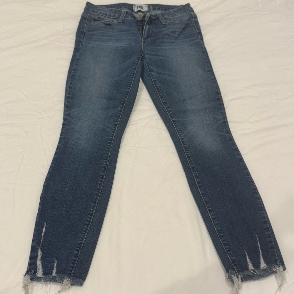 PAIGE Medium Blue Cropped Jeans with Distressed Hem
